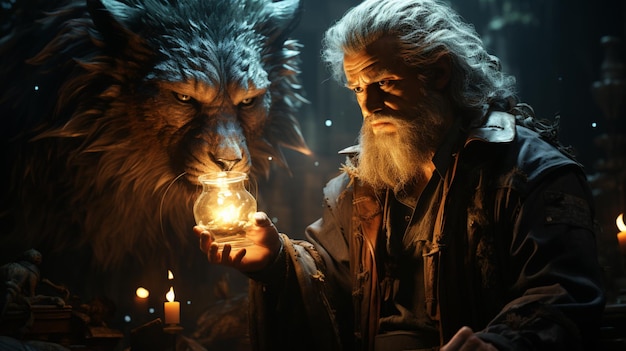A sorcerer holding a glowing lantern stands with a magical wolf