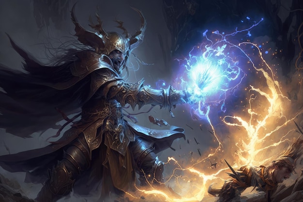 Sorcerer magic battle casting spell against demon