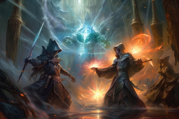 Sorcerer magic battle casting spell against demon