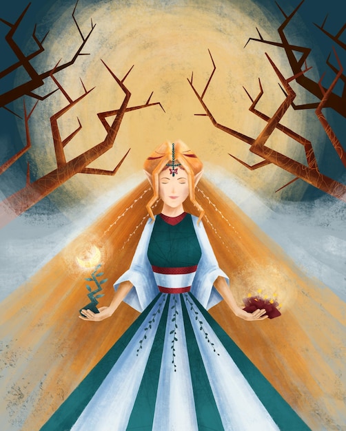 the sorceress the guardian of the forest holds a flower and a tree in her hands illustration