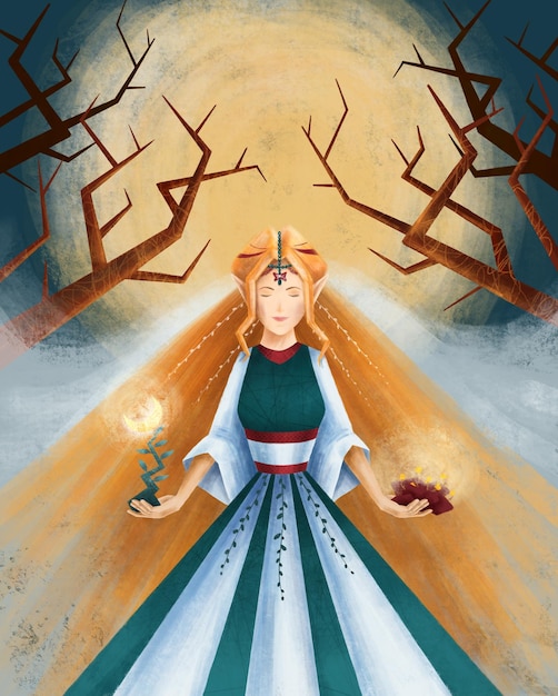 The sorceress the guardian of the forest holds a flower and a tree in her hands Illustration