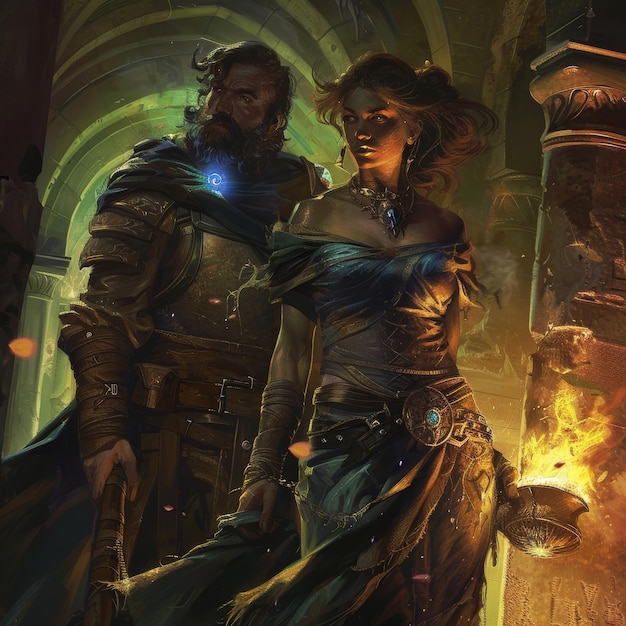 A sorceress with piercing eyes stands beside a bearded warrior a fiery sconce casting dramatic shadows Their powerful presence hints at untold stories of adventure