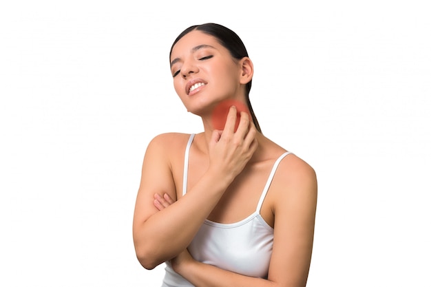 Sore throat virus attack. asian woman with flu isolated