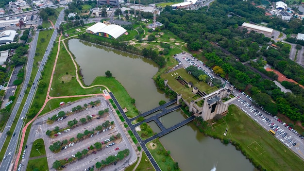 Sorocaba Brazil 01 2023 Aerial view of Sorocaba City Hall Brazil Park with city sights