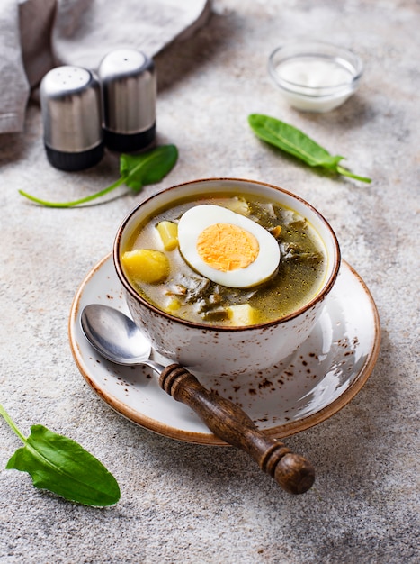 Sorrel soup or green borscht with eggs