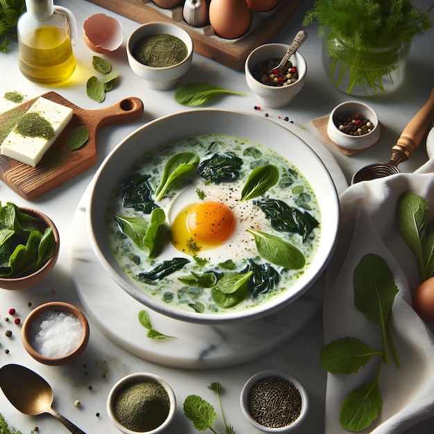 Sorrel Soup with Egg on Marble Counter in Natural Light