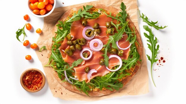 Sorrentina pizza with prosciutto arugula capers