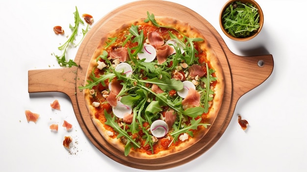 Sorrentina pizza with prosciutto arugula capers