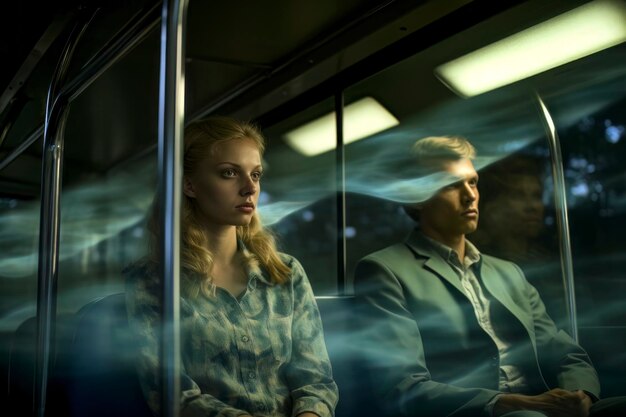 Sorrowful Journey Man and Woman in Bus Surrounded by Fog