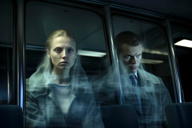 Sorrowful Journey Man and Woman in Bus Surrounded by Fog