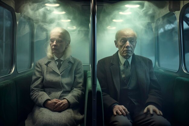 Sorrowful Journey Man and Woman in Bus Surrounded by Fog