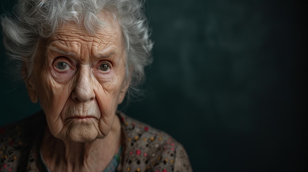 Sorrowful Serenity Elderly Female Expressing Sadness and Grief Isolated on Solid Background with Copy Space