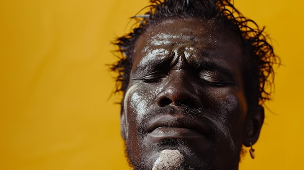 Sorrows Depths Aboriginal Australian Man Reflecting Sadness and Grief Isolated Against Solid Background with Copy Space