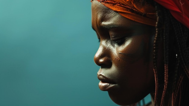 Sorrows Embrace Aboriginal Australian Woman Reflecting Sadness and Grief Isolated Against Solid Background with Copy Space