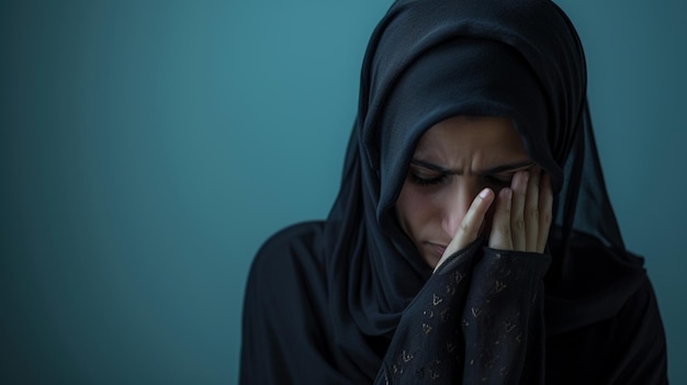 Sorrows Embrace Woman in Islamic Thobe Reflecting Sadness and Grief Isolated Against Solid Background with Copy Space