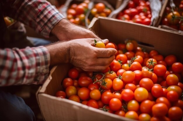 Sorting red tomatoes in boxes harvested from the garden generative ai