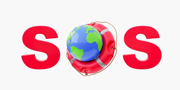 SOS word with the earth in a lifebuoy