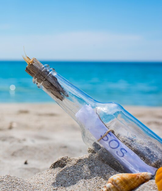 Sos written in a bottle on an empty beach