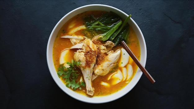 Photo soto ayam is a typical indonesian food in the form of a kind of chicken soup with a yellowish sauce