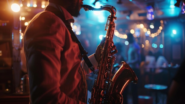 The soul of jazz a saxophonist immersed in the mood and rhythm of a smoky club scene