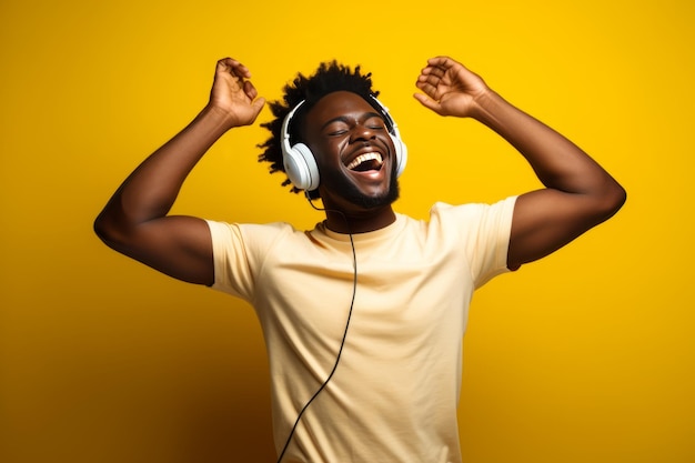 Soulful beats african american energizes with headphones in vibrant gold setting