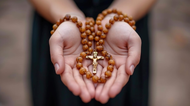 Foto preghiera animata un uomo in devozione tranquilla mani strette attorno a una croce del rosario in cerca di conforto e connessione spirituale catturando l'essenza della serena contemplazione fede e devozione religiosa