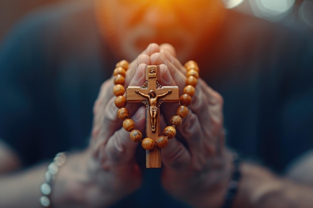Душевная молитва человек в тихой преданности руки сжаты вокруг креста розария в поисках утешения и духовной связи захватывая суть спокойного созерцания веры и религиозной преданности