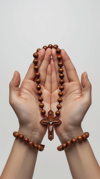 Soulful prayer a man in quiet devotion hands clasped around a rosary cross seeking solace and spiritual connection capturing the essence of serene contemplation faith and religious devotion