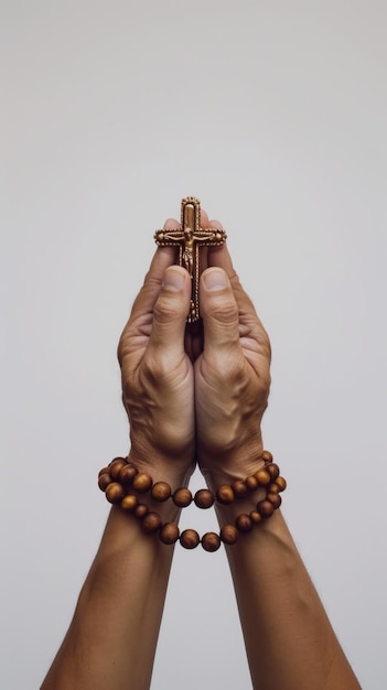 Soulful prayer a man in quiet devotion hands clasped around a rosary cross seeking solace and spiritual connection capturing the essence of serene contemplation faith and religious devotion