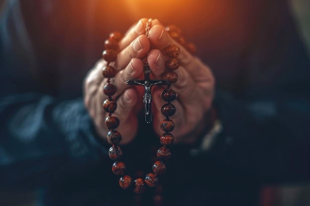 Soulful prayer a man in quiet devotion hands clasped around a rosary cross seeking solace and spiritual connection capturing the essence of serene contemplation faith and religious devotion