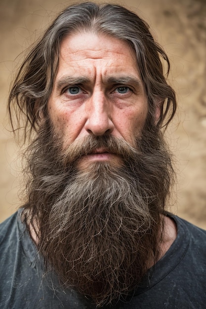 Soulful Struggles Portraying the Resilience of a Mature Longhaired Bearded and Emaciated Man