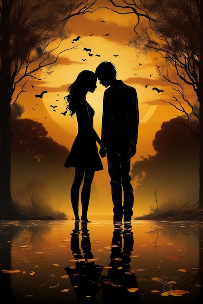 Foto anima gemella con silhouette della coppia a forma di cuore