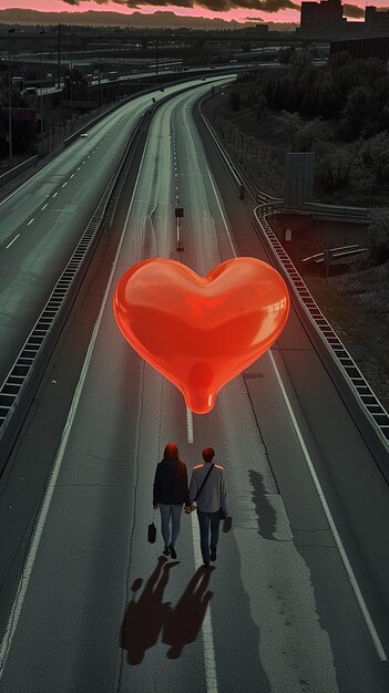 Photo soulmates walking down a highway towards
