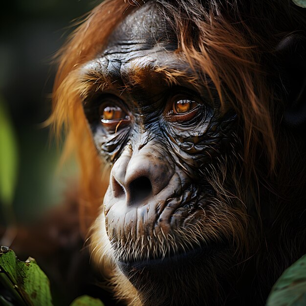 Soulvolle blik close-up portret van een orang-oetan aap chimpansee in de wildernis