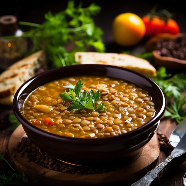 Photo soulwarming goodness delicious lentil soup with a spoon on a cozy tablecloth