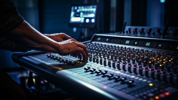 sound engineer adjusting electric mixer in recording