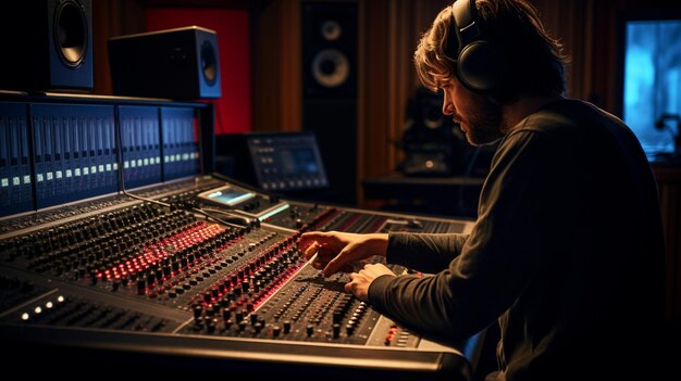 sound engineer adjusting electric mixer in recording