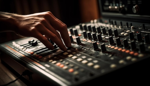 Sound engineer adjusting mixer knob in recording studio generated by AI