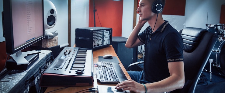 Photo sound engineer in headphones working and mixing music indoors in the studio.