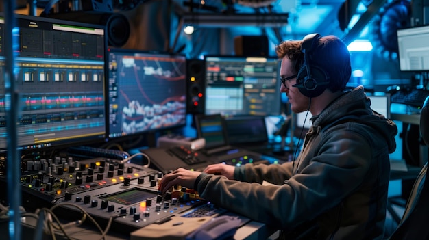 Sound Engineer Mixing Desk in Recording Studio