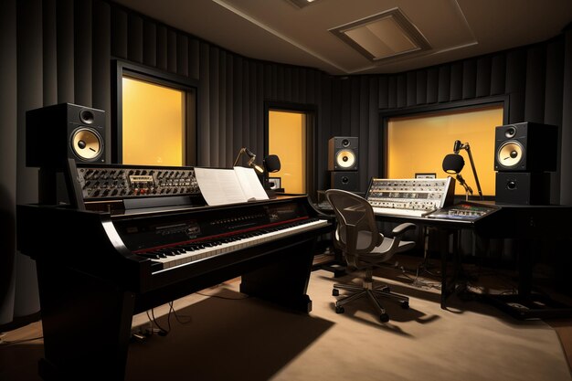 Photo sound recording studio interior with a grand piano and studio monitors displaying equalizer settings generative ai