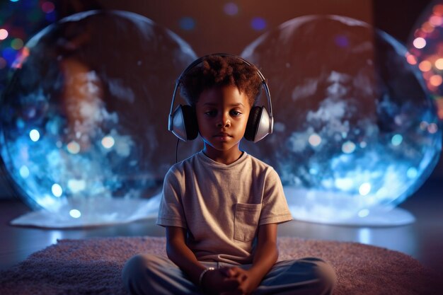 Sound Therapy Healing Music for kids Children for Relaxation and Sleep African American black Baby in Headphones Listening to Music or sounds on colorful background Premium AI generated image