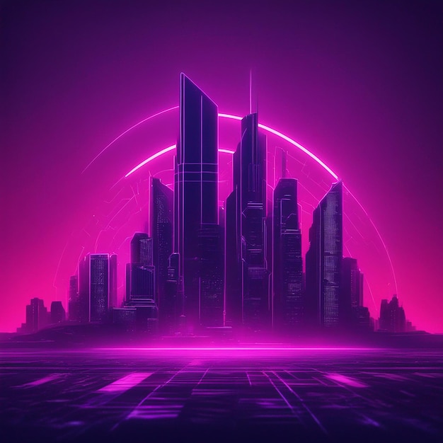 Sound wave neon punk futuristic city with car