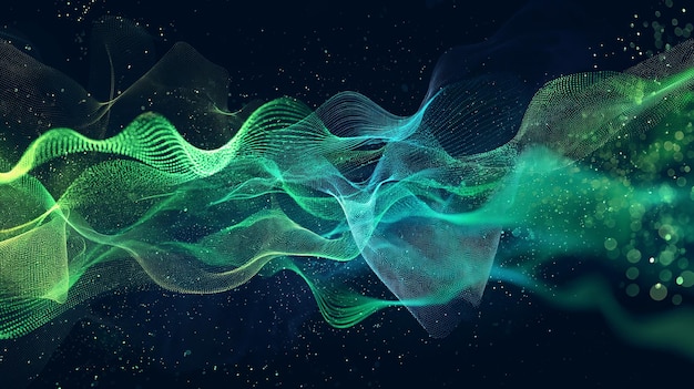 sound wave spectrum with intricate geometric digitization in emerald and azure hues