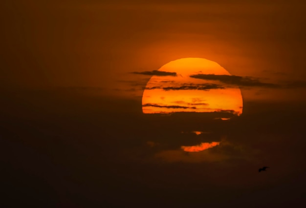 soundscape met zon en oranje licht, dramatische lucht met gouden licht en dichte wolken