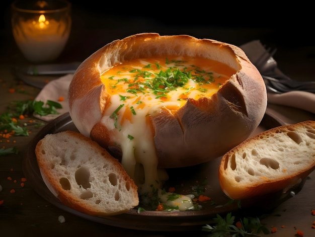 Soup in a bowl made from bread High quality