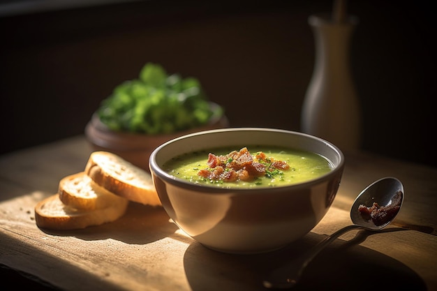 Zuppa in una ciotola sulla tavola di legno