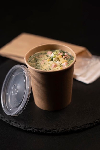 Soup in a disposable bowl food to go