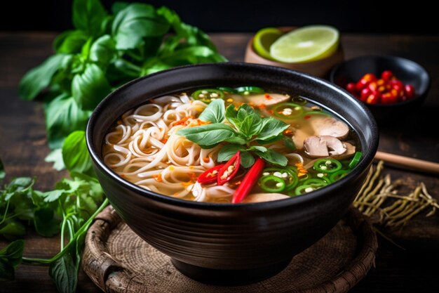 Soup meal vegetable food asian hot dish japanese background noodle bowl Generative AI