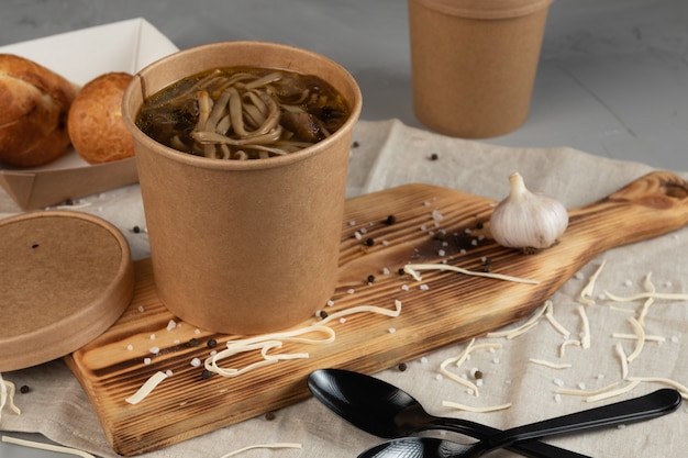 Soup in paper boxes for delivery